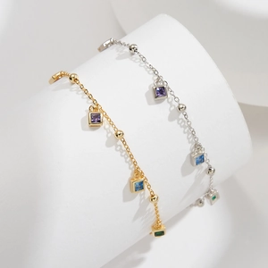Elegant S925 sterling silver anklets with colorful cubic zirconia and gold plating