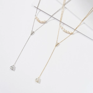 Elegant S925 sterling silver layered Y-necklace with pearls and teardrop zircon pendant