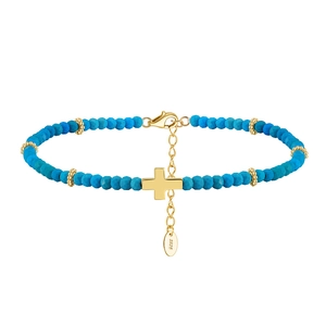 Detailed view of S925 sterling silver anklet with blue beads and golden cross charm