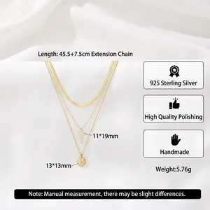 Three-layer 925 sterling silver layered necklace with snake chain and cross pendant