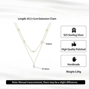 Double-layered S925 sterling silver necklace with freshwater pearls and rhombic pendant