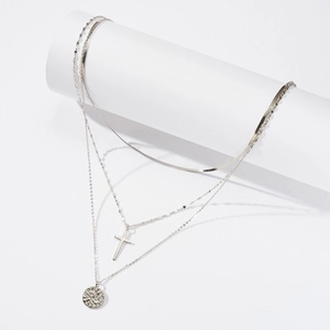 Three-layer S925 sterling silver layered necklace with cross and coin relief pendants