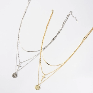 Three-layer stacked S925 silver necklace with snake chain, cross and coin pendants