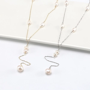 Elegant S925 sterling silver lariat necklace with baroque freshwater pearls in gold and silver