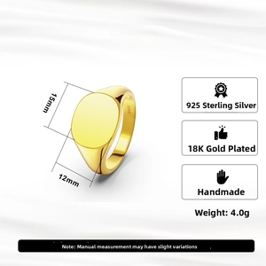 Detail of 18K gold plated S925 silver signet ring with 15x12mm oval face and 4.0g weight