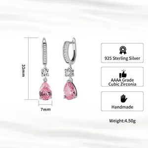 Handmade S925 sterling silver drop earrings with pear-shaped pink zirconia, 33mm length