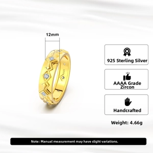 Detailed view of 12mm wide S925 sterling silver ring with wave pattern and AAAA zircons