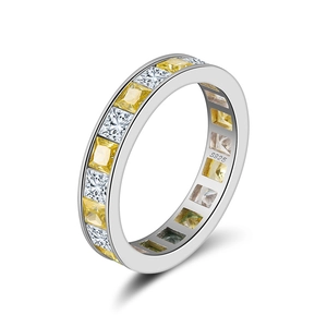 Bague Éternité Élégante en Argent Sterling 925 Taille Princesse Zirconia Jaune et Blanc Alternés Anneau Géométrique