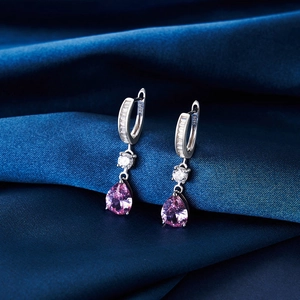 S925 sterling silver drop earrings with pear-cut pink gemstones and pave zircon accents