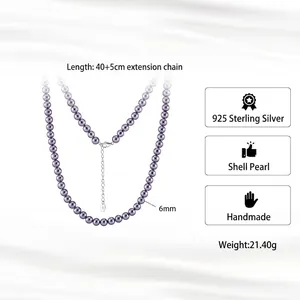 6mm purple pearl necklace with 925 sterling silver chain and adjustable extension