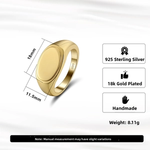 Detailed view of 18K gold plated S925 silver oval signet ring with inner hallmark stamp