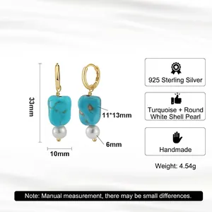 Boucles d'oreilles pendantes faites main en argent 925 turquoise et perle de nacre
