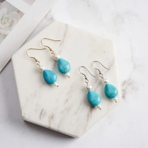 Retro teardrop turquoise and pearl drop earrings with gold and silver hooks