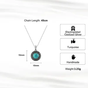 Collier vintage en argent S925 avec pendentif rond en turquoise de 15mm et chaîne 45cm
