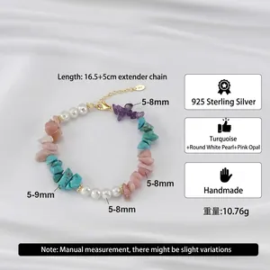 925 silver bracelet featuring turquoise, shell pearls, and pink gemstones with 5cm extender