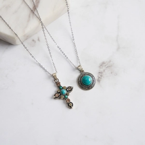Colliers rétro en argent S925 avec pendentifs croix turquoise et pièce romaine ronde