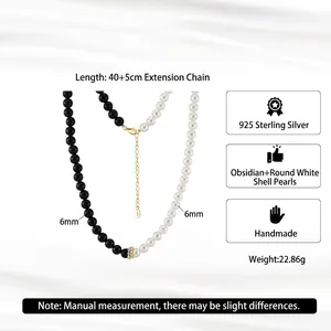 Collier élégant en argent 925 avec perles d'obsidienne noire et nacre blanche