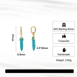 S925 silver bullet turquoise drop earrings with gold finish and 37mm total length