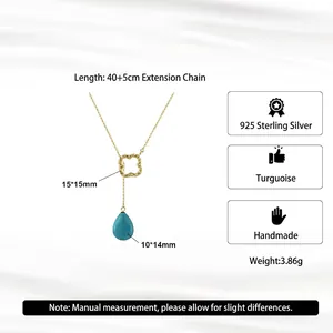 Handmade 925 sterling silver necklace with teardrop turquoise pendant and gold plated chain