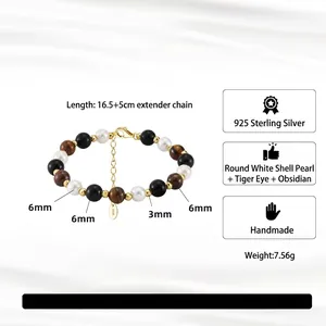 S925 silver beaded bracelet with tiger eye, shell pearl and obsidian beads