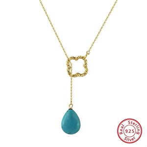 925 Sterling Silver Turquoise Clover Pendant Necklace For Women Vintage Geometric Water Drop Jewelry Elegant Neckpiece Gift