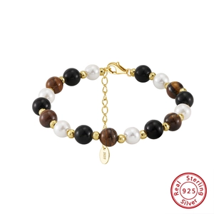 Tiger Eye Obsidian Shell Artificial Pearl Beaded Bracelet 925 Sterling Silver Gold Plated Hand-Crafted Vintage Jewelry For Women