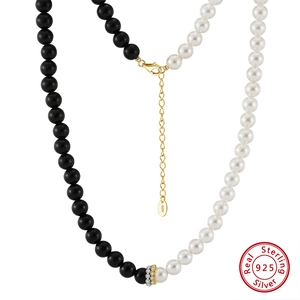 Élégant Collier en Obsidienne Noire et Künstliche Perles de Coquille Blanches Avec Chaîne en Argent Sterling 925 Collier à Maillons en Zircone Plaqué Or pour Femmes Bijoux Vintage