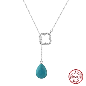925 silver Y-shaped necklace with clover charm and turquoise waterdrop pendant