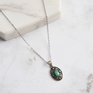 Vintage S925 sterling silver turquoise pendant necklace with Roman style engraved details