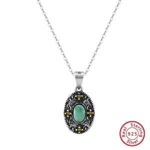 Vintage 925 Sterling Silver Turquoise Pendant Necklace For Women Bohemian Oxidized Geometric Oval Rhinestone Jewelry Gift