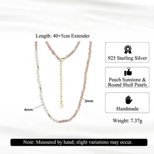 Pink opal and white shell pearl 925 sterling silver necklace with gold plated clasp