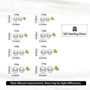 Size chart for S925 sterling silver freshwater pearl stud earrings from 2.5mm to 6.5mm
