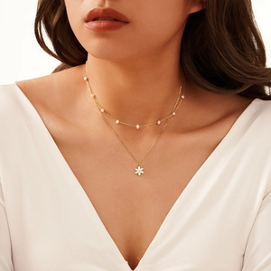 925 Sterling Silver Double Layer Necklace With Shell Flower Pendant And Small Artificial Pearls Elegant Korean Style Jewelry For Women