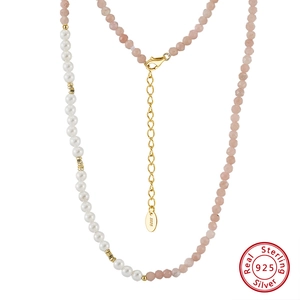 Beaded Necklace With Pink Opal And Shell Artificial Pearl S925 Sterling Silver Gold Plated Retro Elegant Minimalist Jewelry Women