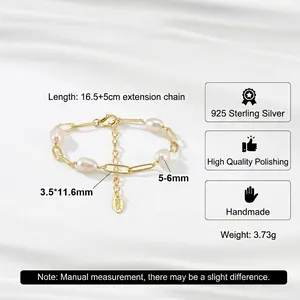 Bracciale a catena a graffetta dorato con perle naturali e argento sterling 925