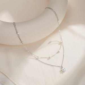925 silver double layer necklace with pearl chain and shell flower heart pendant