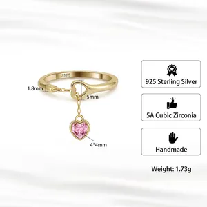 S925 sterling silver heart ring with pink zircon pendant and adjustable golden band
