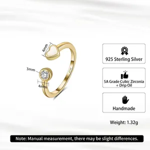 Bague réglable en argent S925 avec cœur en émail et oxyde de zirconium brillant