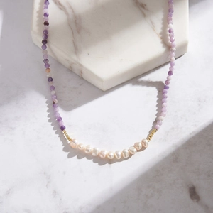 Natural purple mica and freshwater pearl beaded necklace with silver accents