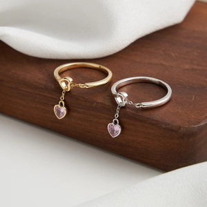 Adjustable S925 sterling silver heart rings with pink zircon and dangling chain detail