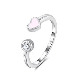 Bague ajustable en argent S925 avec cœur en émail rose et oxyde de zirconium