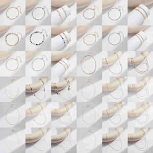Detailed grid of layered minimalist S925 sterling silver bamboo style chain bracelets