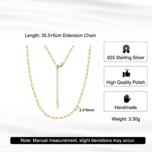 Gold-plated S925 sterling silver paperclip chain necklace with adjustable 5cm extension