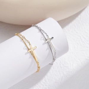 Minimalist double layer S925 sterling silver cross bracelet in gold and silver finish
