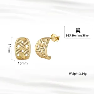 S925 Sterling Silber Vergoldete Gewebte Ovale Ohrstecker mit Größen- und Gewichtsangabe