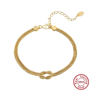 Elegant S925 sterling silver gold plated braided bracelet with center knot and lobster clasp