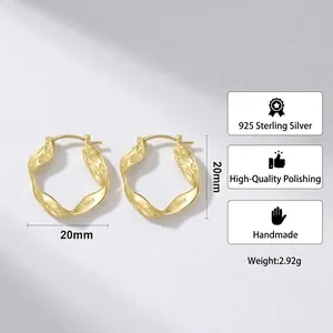 Classic 20mm S925 sterling silver golden twisted hoop earrings with geometric wave design