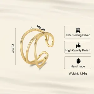 Bague ouverte triple couche en argent S925 plaqué or 14K avec une finition polie miroir