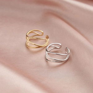 Bague Multicouche en Argent Sterling 925 Forme de C Plaqué Or 14K Géométrique Ouvert Ajustable pour Femme
