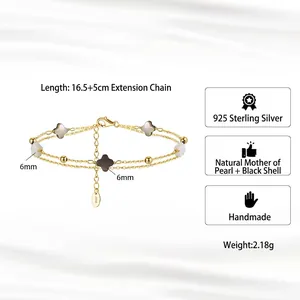 Elegant S925 sterling silver gold chain bracelet with black and white clover shells